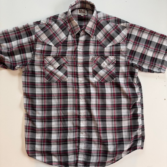 Vintage Ely Cattleman Distressed Black White Red Plaid Western Shirt Snap - L - Picture 1 of 7
